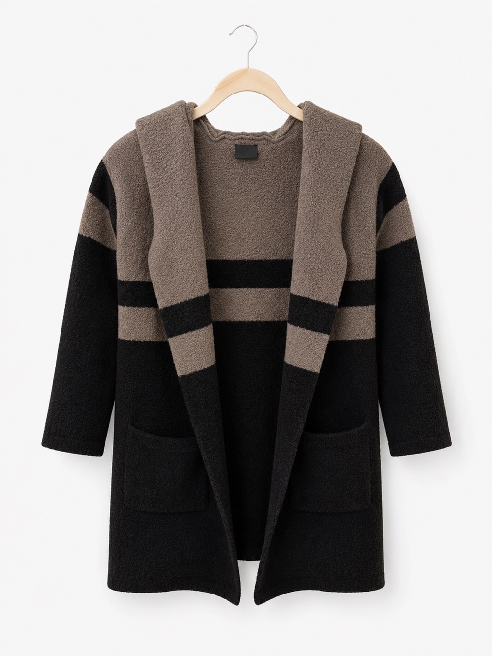 Vici Black and Taupe Striped Teddy Coat with Hood M/L